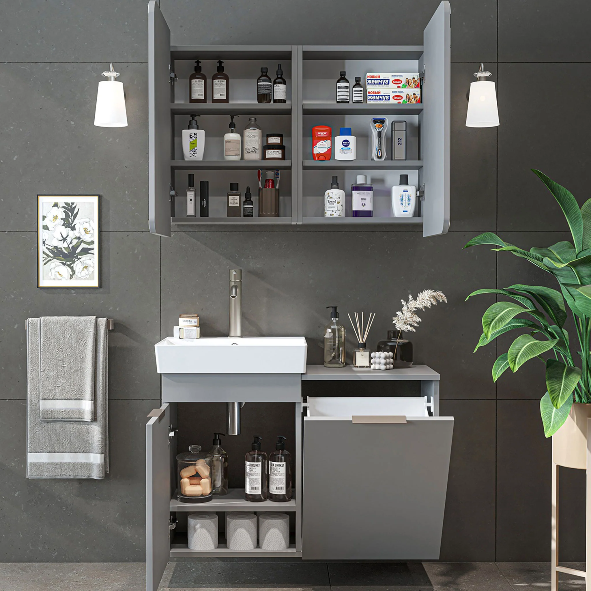 DUBAI Set mobilier baie, mască lavoar, lavoar ceramică și dulap baie suspendat cu oglindă - Image 13