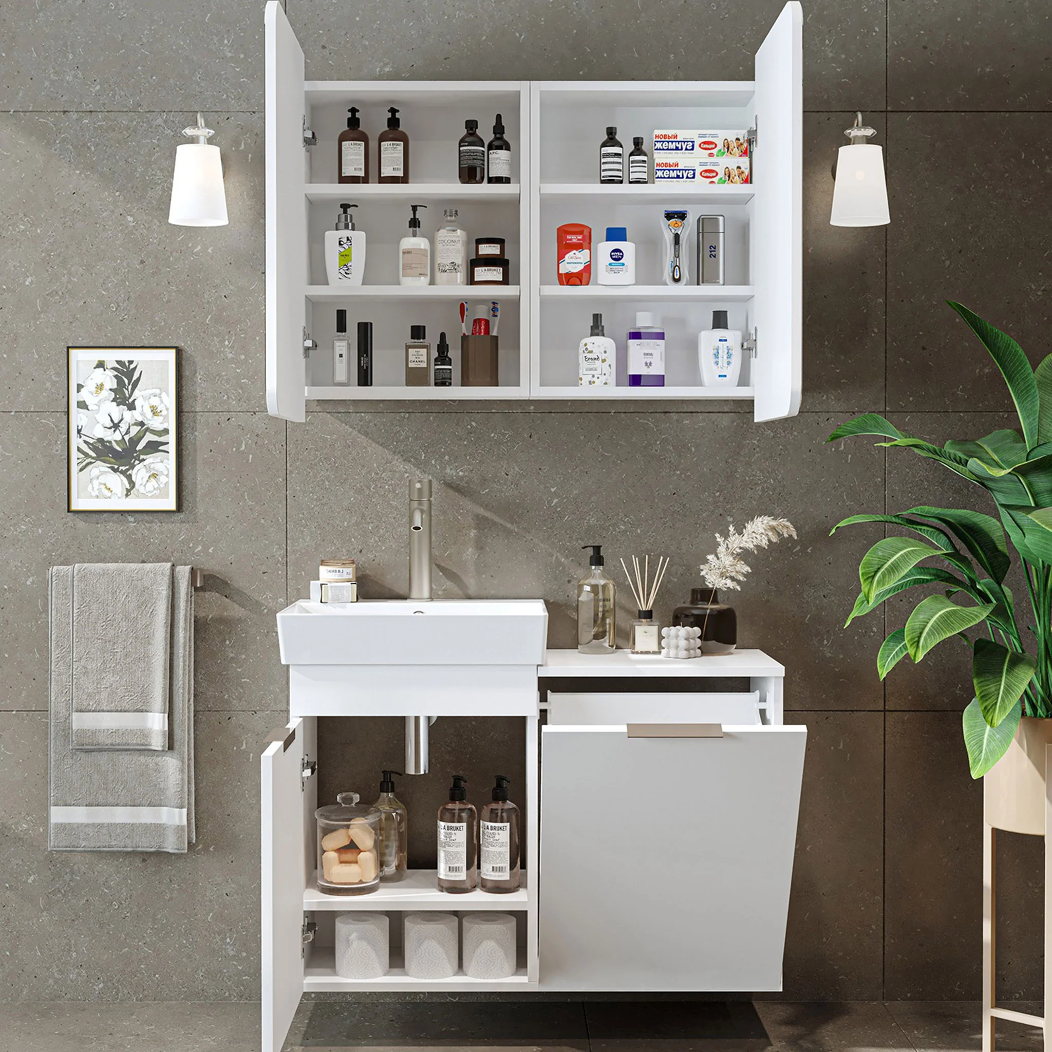 DUBAI Set mobilier baie, mască lavoar, lavoar ceramică și dulap baie suspendat cu oglindă - Image 2