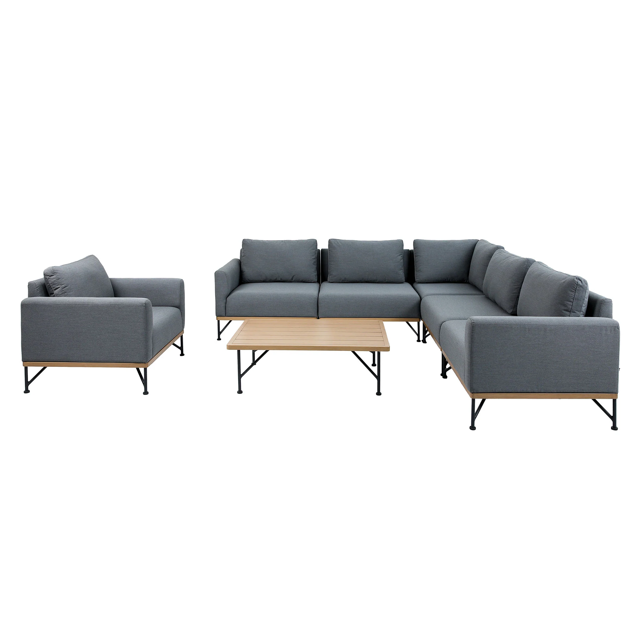 TIRANA Set mobilier terasă/grădină, fotoliu, 2 fotolii braț stânga/dreapta, 2 elemente centrale, element colț, și măsuță de cafea